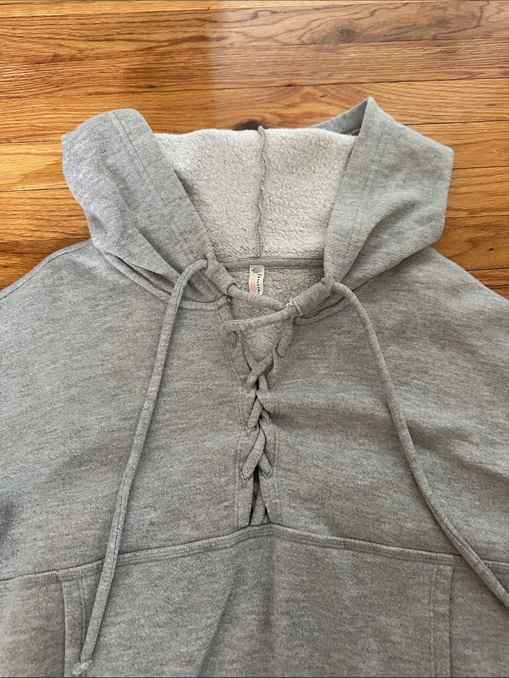Free People Women's Gray Lace-Up Hoodie Sweatshirt - Picture 2 of 3